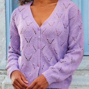 Women Yarn/Wool Yarn Plain Long Sleeve Comfy Casual Hollow Out Cardigan, Cardigans, color:Purple|size:XXL, Noracora