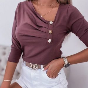 Casual Plain Asymmetrical Collar Long Sleeve T-shirt, T-shirts, color:Cameo|size:XXL, Noracora