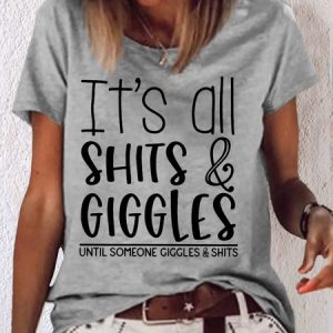 womens Sarcastic Saying Shits and Giggles Casual Letters Crew Neck T-Shirt, color:Gray|size:3XL, Lilicloth.com