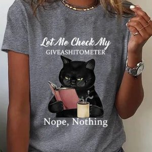 Casual Text Letters Cat Crew Neck Short Sleeve T-Shirt, T-Shirts, color:Gray|size:XXL, JustFashionNow