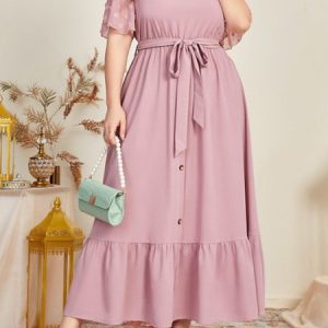 Plus Size Plain Casual Loose Crew Neck Dress With No, Dresses, color:Pink|size:4X, JustFashionNow