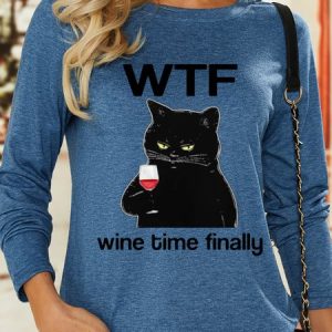 Lilicloth X Kelly Women's Wtf Wine Time Finally Long Sleeve Top, color:Blue|size:XXL, Lilicloth.com
