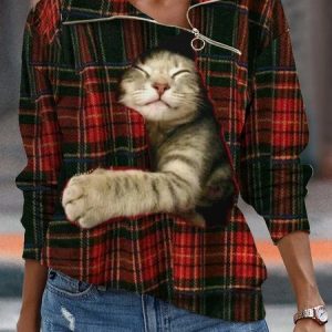 Asymmetrical Plaid Cat Loose Sweatshirt, Sweatshirts & Hoodies, color:Red|size:XXL, JustFashionNow