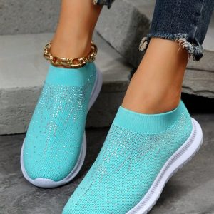 Rhinestone Breathable Slip On Flyknit Sneakers, Sneakers, color:Blue|size:43, JustFashionNow