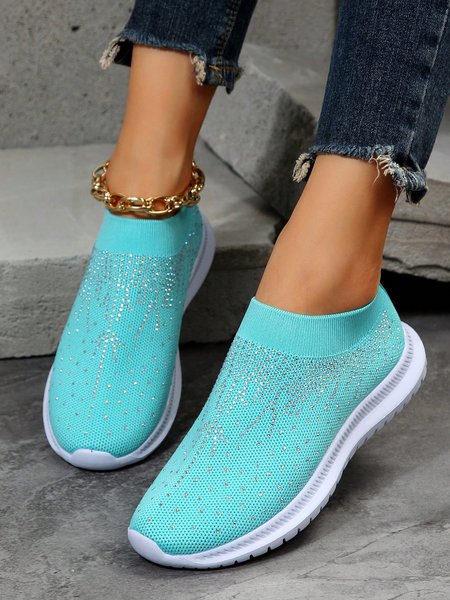 Rhinestone Breathable Slip On Flyknit Sneakers, Sneakers, color:Blue|size:43, JustFashionNow