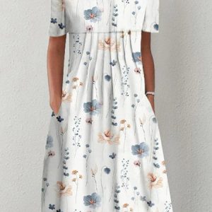 Floral Crew Neck Casual Vacation A-Line Dress, Midi, color:White|size:XXL, Noracora