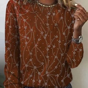 Casual Floral Crew Neck Long Sleeve T-shirt, T-shirts, color:Brown|size:XXL, Noracora