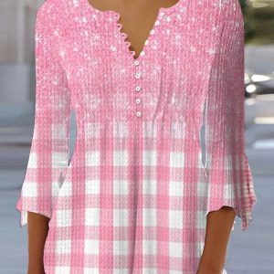 Plaid Loose V Neck Casual Shirt, Shirts & Blouses, color:Pink|size:XXL, JustFashionNow