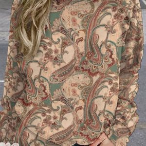 Casual Crew Neck Ethnic Sweatshirt, Hoodies & Sweatshirts, color:Khaki|size:3XL, Noracora
