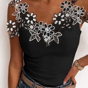 Hollow Out V Neck Casual Patchwork lace Blouses, Blouses, color:Black|size:XS, Noracora