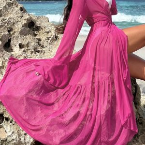 Vacation Plain Flouncing V Neck  Coverup, Coverups, color:Deep Pink|size:L, Stylewe