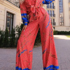 Women Color Block Shirt Collar Long Sleeve Comfy Vintage Top With Pants Two-Piece Set, Sets, color:As Picture|size:XL, Noracora