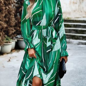Women Floral Crew Neck Long Sleeve Comfy Boho Midi Dress, Midi, color:Green|size:XL, Noracora