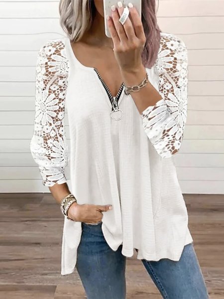 Loose Casual Lace T-Shirt, T-Shirts, color:White|size:XXL, JustFashionNow