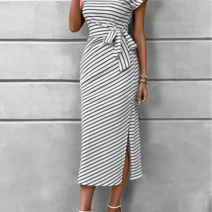 Crew Neck Striped Casual Dress, Dresses, color:White|size:XXL, JustFashionNow