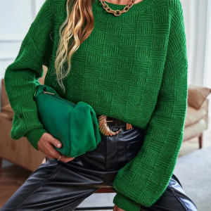 Plain Knitting Casual Crew Neck Sweater, Sweaters, color:Green|size:XXL, JustFashionNow