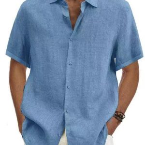 Casual Cotton Basic Button Short Sleeve Shirts Vacation Everyday Men's Clothing, Shirts ＆ Blouse, color:Blue|size:3XL, JustFashionNow