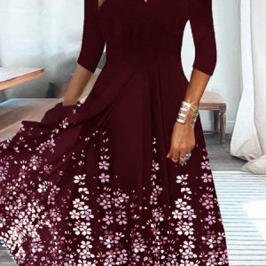 Women's Swing Dress Floral Dress Midi Dress 3/4 Length Sleeve Floral Print V Neck Dress, Midi, color:Wine Red|size:XXL, catalog Noracora shop