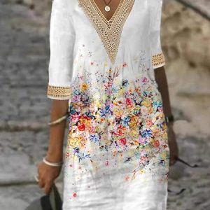 Lace Casual Loose V Neck Floral Dress, Dresses, color:White|size:XXL, JustFashionNow