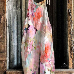 Spaghetti Cotton Casual Pink Casual Floral Printed Sleeveless Jumpsuit, Jumpsuits＆Rompers, color:Pink|size:XXL, JustFashionNow
