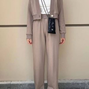 Women Plain V Neck Long Sleeve Comfy Simple Pocket Stitching Coat With Skirt Two-Piece Set, Sets, color:Coffee|size:XL, Noracora
