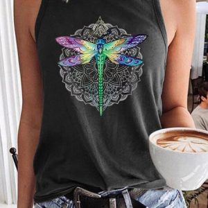 Women's Floral Dragonfly Casual Tank Top, color:Deep Gray|size:3XL, Lilicloth.com