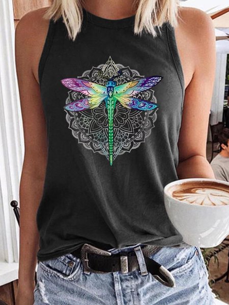 Women's Floral Dragonfly Casual Tank Top, color:Deep Gray|size:3XL, Lilicloth.com