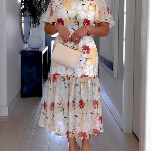 Floral Regular Fit Vacation Short Sleeve Midi Dress, Midi Dresses, color:As Picture|size:XXL, Stylewe