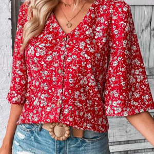 V Neck Loose Casual Floral Shirt, Shirts & Blouses, color:Red|size:XXL, JustFashionNow