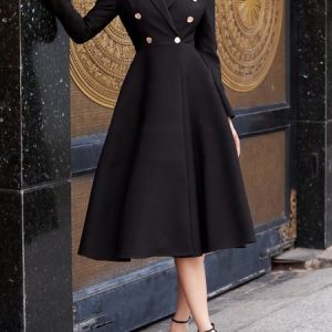 Plain Lapel Collar Elegant Regular Fit Dress, Midi Dresses, color:Black|size:XXL, Stylewe