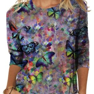 Women's Casual Butterfly Floral Long Sleeve T-Shirt Urban Daily Clothing, T-Shirts, color:As Picture|size:XXL, JustFashionNow