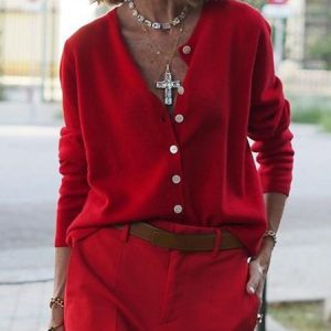 V Neck Urban Loosen Plain Long Sleeve Sweater, Sweaters, color:Red|size:XXL, Stylewe