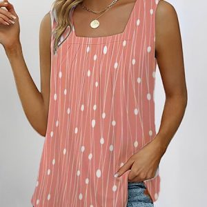 Square Neck Loose Casual Ruched Tank Top, Tanks & Camis, color:Orange Pink|size:XXL, Noracora