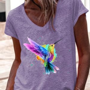 Women's Casual Bird V Neck T-Shirt, T-shirts, Lilicloth.com