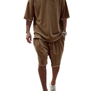 Plain Loose Casual Two-Piece Set, Suit Set, color:Brown|size:3XL, JustFashionNow