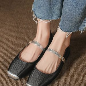 Elegant Floral Print Mary Jane Flat Shoes, Flats, color:Black|size:44, Stylewe