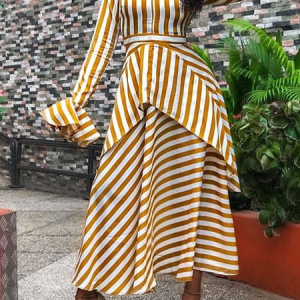 Crew Neck Elegant Regular Fit Long sleeve Striped Long Dress, Maxi Dresses, color:Yellow|size:XXL, Stylewe