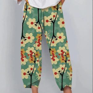 Casual Floral Regular Fit Pants, Pants, color:Green|size:XXL, JustFashionNow