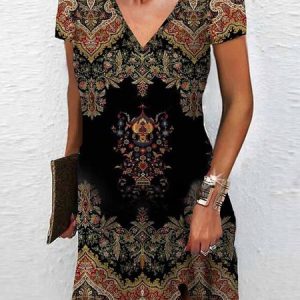 Loose Ethnic V Neck Casual Dress, Elegant Dresses, color:Black|size:XXL, JustFashionNow