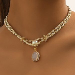 Elegant Opal Moonstone Pearl Layered Necklace Party Wedding Jewelry For Women, Necklaces, color:As Picture|size:One-size, Stylewe