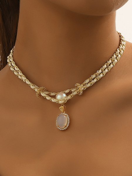 Elegant Opal Moonstone Pearl Layered Necklace Party Wedding Jewelry For Women, Necklaces, color:As Picture|size:One-size, JustFashionNow