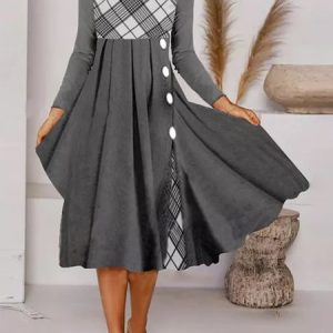 Paneled Casual Plaid Knitting Dress, Midi, color:Gray|size:XXL, Noracora