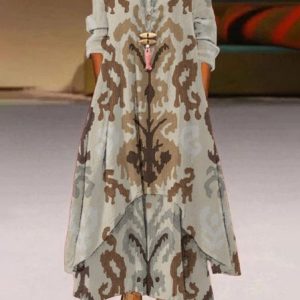 New Women Chic Plus Size Vintage Boho Hippie Long Sleeve Holiday Dress, Maxi, color:Khaki|size:3XL, Noracora
