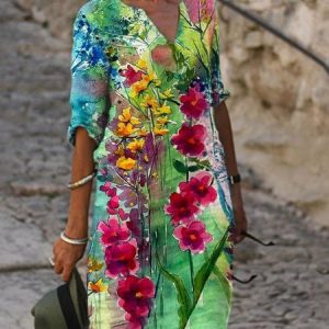Casual Floral V Neck Regular Fit Dress, Dresses, color:Green|size:3XL, JustFashionNow