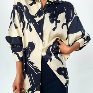 Loosen Abstract Shirt Collar Long Sleeve Blouse, Blouses and Shirts, color:Apricot|size:XXL, Stylewe