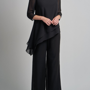 Women Plain Crew Neck Three Quarter Sleeve Comfy Casual Top With Pants Two-Piece Set, Sets, color:Black|size:XXL, Noracora