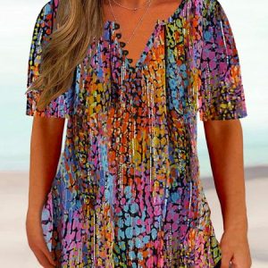 Plus Size Half Open Collar Abstract Jersey Casual T-Shirt, TOPS, color:Multicolor|size:4X, Noracora