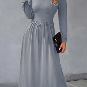 Urban V-neck Solid Color Long Sleeve Midi Dress, Dresses, color:Gray|size:XXL, JustFashionNow