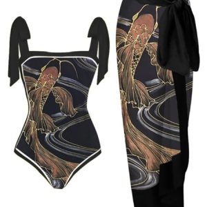 Stylewe Vacation Abstract Printing Scoop Neck One Piece With Cover Up, One-Pieces, color:Black|size:XXL, Stylewe