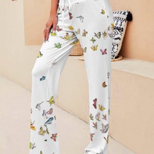 Casual Butterfly Natural Long Lace-up Straight Pants, Pants, color:White|size:3XL, Noracora